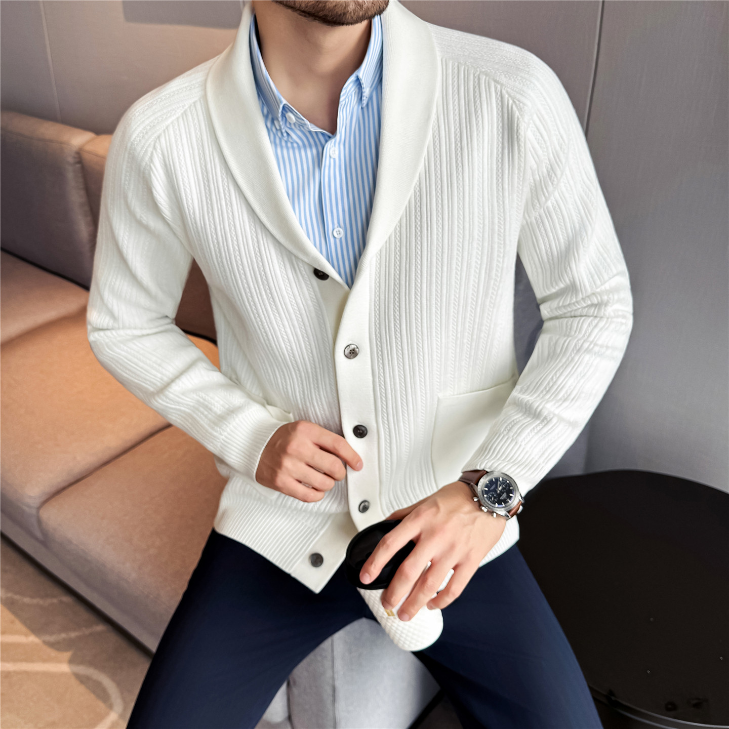 Wool Scarf Men - Men's Shawl Collar Knit Cardigan, Old